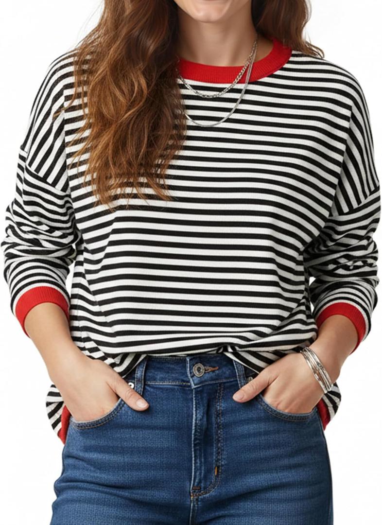 Buauty Womens Long Sleeve Crewneck Knitted Striped Sweaters Casual Color Block Drop Shoulder Pullover 2025 Trendy Tops (Medium, Black)