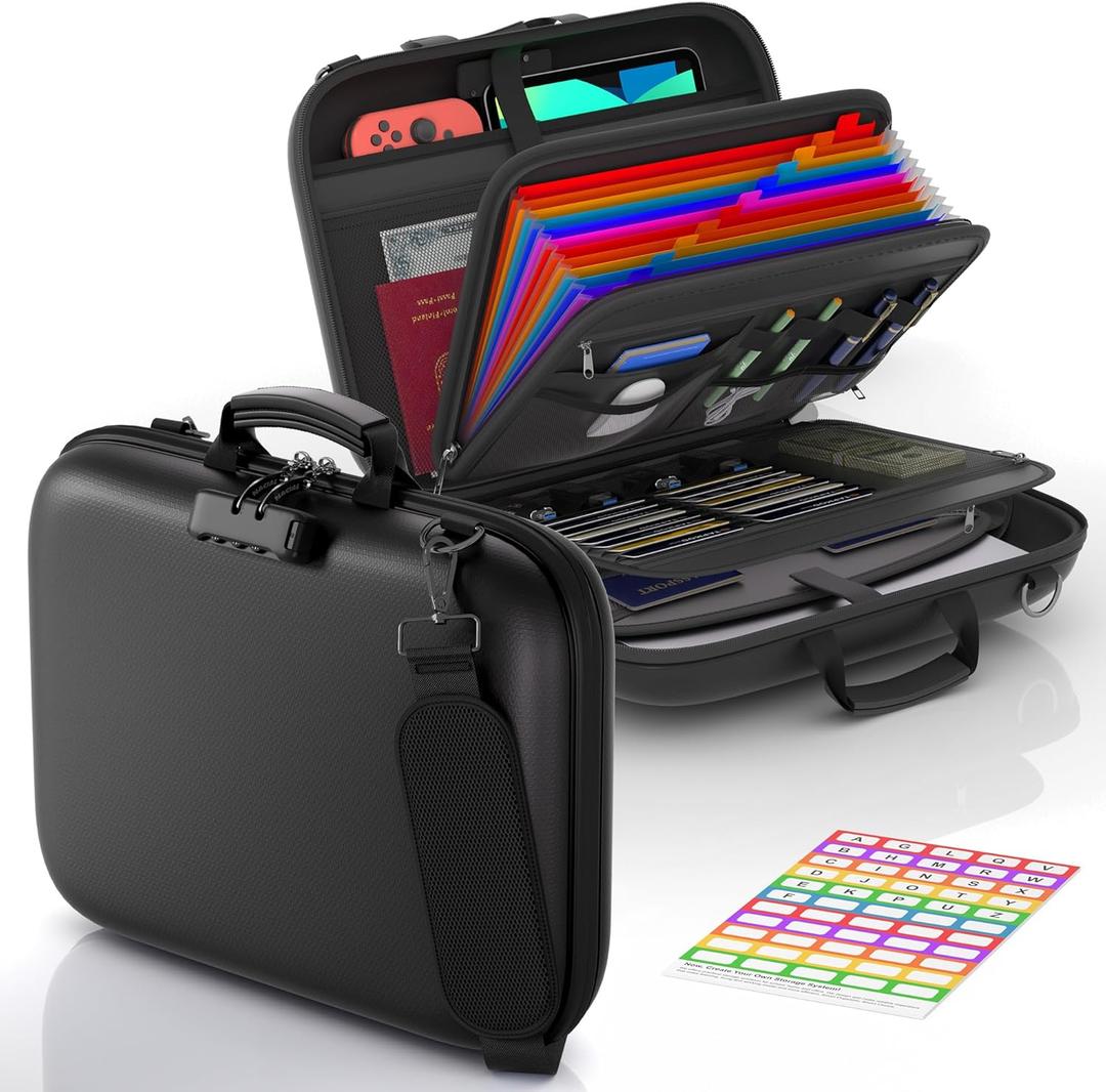 Nacial Fireproof Document Box with Lock & Shoulder Strap, Hard-Shell Fireproof File Organizer with 13 Pocket Accordion File Folder, Portable Safe Storage for Important Documents, Laptop, Black