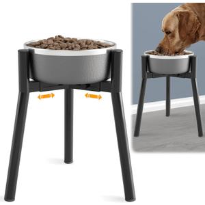 SHAINFUN Adjustable Metal Raised Bowl Stand for Large Dogs - Compatible with 7 to 10.6" Bowls - Single Tall Elevated Dog Food Stand (Black-13.7H-Round)