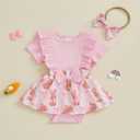 Newborn Baby Girl Easter Outfit Rabbit Romper Dress Ribbed Ruffle Skirt Hem Jumpsuit Cute Summer Clothes (Pink) 3-6 M