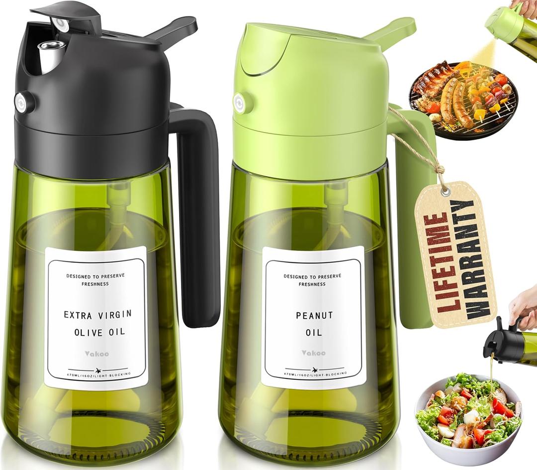 Vakoo 2 in 1 Oil Sprayer and Oil Dispenser for Kitchen - 16oz/470ml Light-Blocking Dark Glass Olive Oil Spray Bottle for Cooking, Air Fryer, Salad & BBQ (Black&Green)