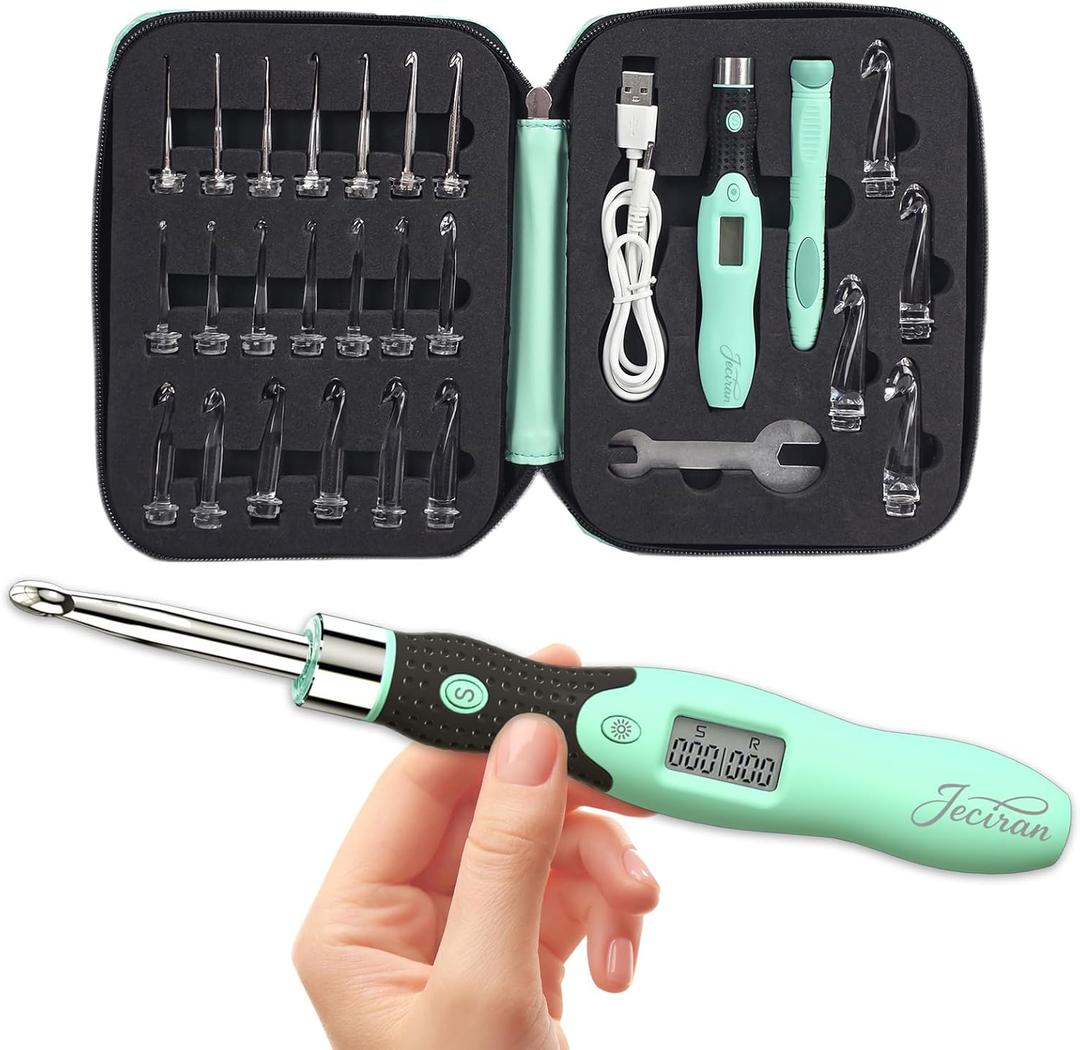 Upgraded Counting Crochet Hook Set - 24-in-1 Interchangeable Hooks Kit - Light Up, Digital Stitch & Row Counter- No Need to Move Fingers- Ergonomic for Arthritic Hands - Cool Gift (Green-24 Size)