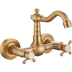 GGStudy Wall Mounted Kitchen & Bathroom Sink Faucet With Double Cross Handle Antique Brass Finish