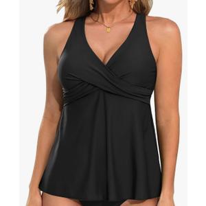 Tempt Me Women Tankini Top Only Flowy Swim Tops V Neck Bathing Suit Top M Black