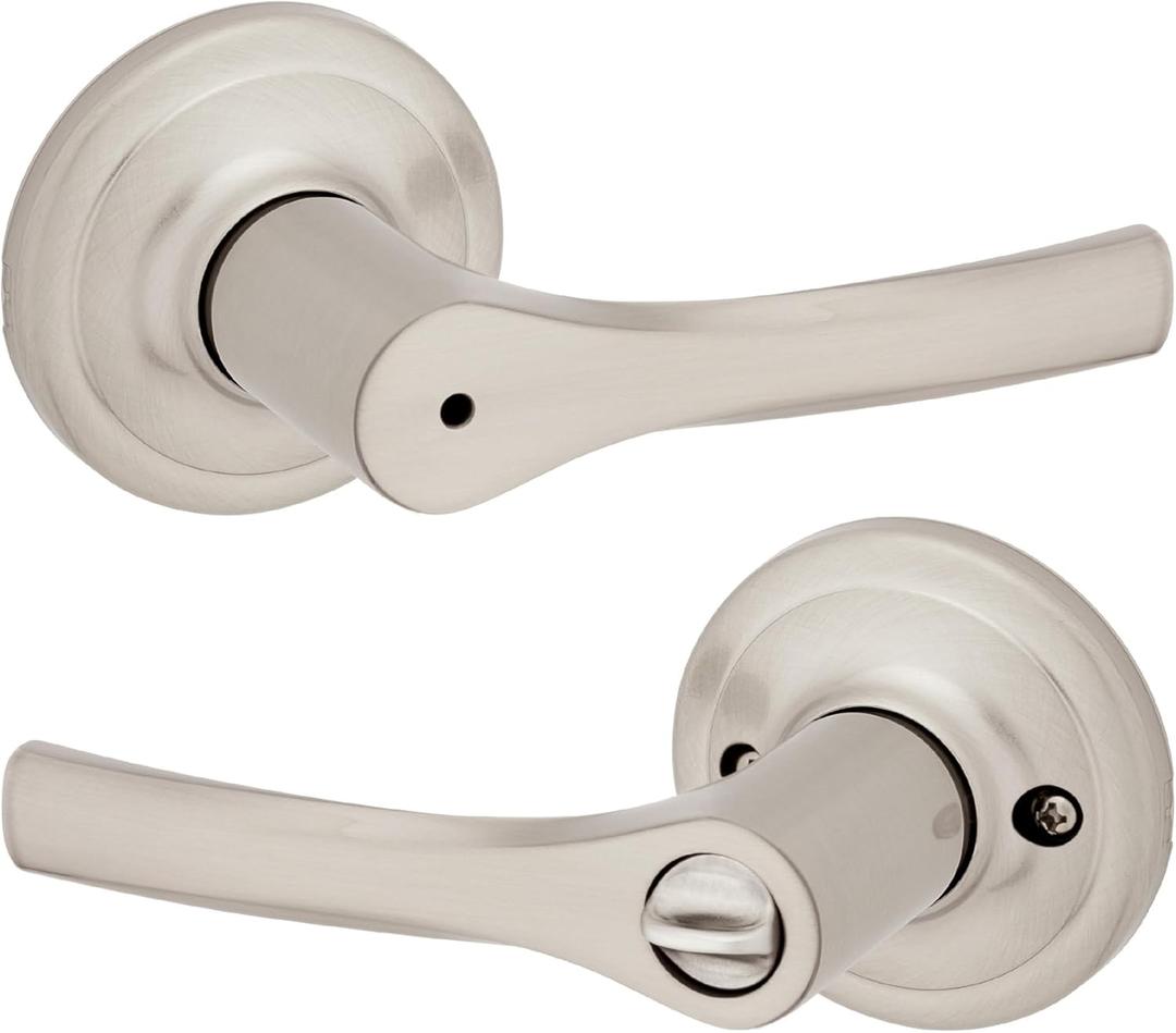 Kwikset Henley Interior Privacy Door Handle with Lock, Door Lever For Bathroom and Bedroom, Satin Nickel Reversible Keyless Push Button Lock Door Lever, with Microban Protection