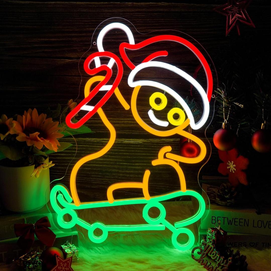 Skateboard Gingerbread Neon Sign for Christmas Dcor Dimmable Gingerbread Dcor Led Sign USB Powered Christmas Neon Light for Bedroom Living Room Bar Party (12.1 * 15.2 inches)