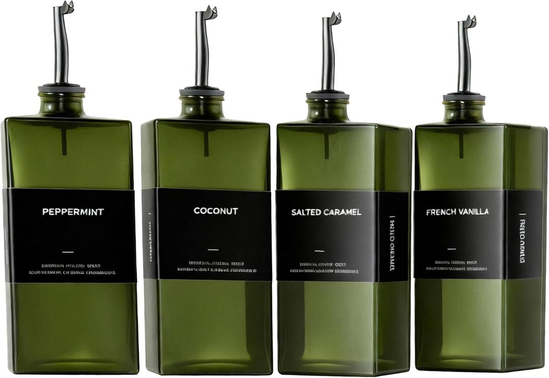 WISIMMALL Olive Oil Dispenser Bottle For Kitchen, 17OZ UV-Blocking Oil And Vinegar Dispenser Set Of 4, Soy Sauce Cooking Oil Dispenser with 4 Stainless Steel Pourers & 44 Labels