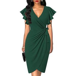 oten Womens Deep V Neck Ruffle Sleeve Sheath Casual Cocktail Party Work Faux Wrap Dress (Dark Green, XL)