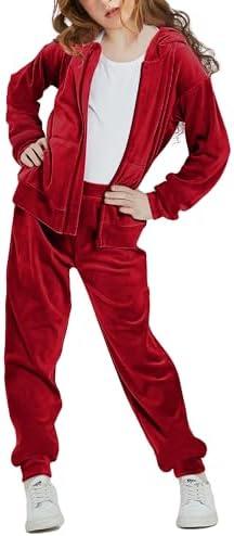 Woolicity Girls Sweatsuits Set Velour Tracksuit 2 Piece Outfits Zip Up Hoodies and Pants Sportswear Jogging Set, Size 110