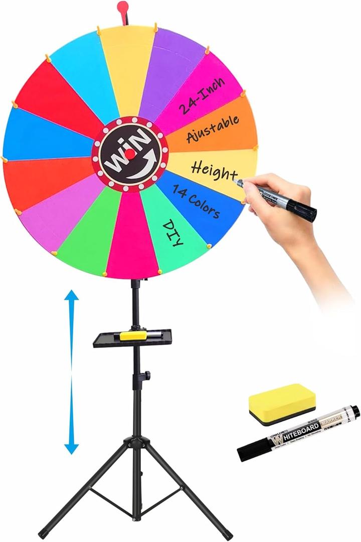 24 Inch Prize Wheel, Adjustable 35"-61" Height Spinning Wheel for Prizes, 14 Color Dry Erase Slots with Metal Tripod Stand, DIY Spinner Wheel for Carnival, Trade Show, Party, Family Game