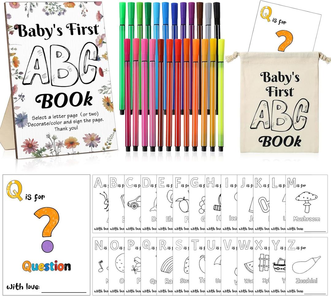 Geelin 51 Pcs Fun Baby Shower Game Kit Baby Shower Activities Favors Decorations First Abc Book Sign 26 Alphabet a to Z Coloring Card with 24 Watercolor Pen Storage Bag for Party(Wildflowers)