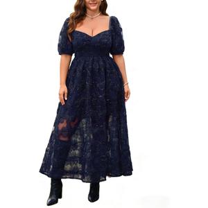 EYWOL Formal Wedding Guest Cocktail Plus Size Dress, Floral Embroidered, Hide Tummy A-Line for Curvy Women (Blue, XXL)