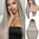 FAVE 26 Inch Grey Wig Ombre Highlight Wigs Straight Grey Wigs for Women Heat Resistant Synthetic Silver Wig Middle Part Colorful Wigs for Festival&Daily&Party Use 280g