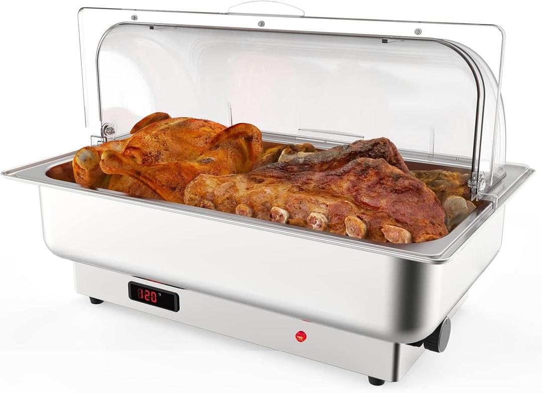 9QT Electric Chafing Dish Set for Buffet with Temperature Control, Roll Top Stainless Steel Buffet Servers and Warmers with Transparent Lid for Catering and Parties (1 x 1/1 Pan)