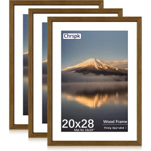 20x28 Poster Frame, Display Pictures 16X24 with Mat or 20x28 Without, Wall Hanging Frames, Rustic Brown, 3 Pack