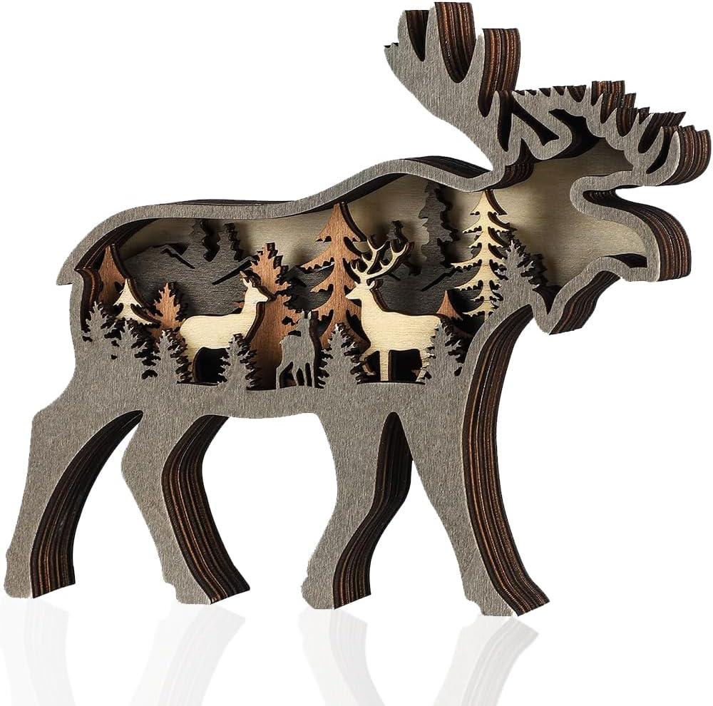 3D Wooden Sculptures Ornament for Decor, Multi-Layer Animal Forest Wood Carving Decoration Statues for Home Living Room Bedroom Office Desk, Gorgeous Gift for Friends Family Christmas Birthday(Deer)