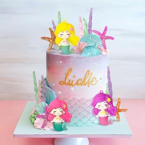 Princess Mermaid Cake Topper Under the Sea Mermaid Starfish Seaweed Cake Toppers Decorations for Summer Seashell Tail Girls Bithday Party Baby Shower, Pack of 2  