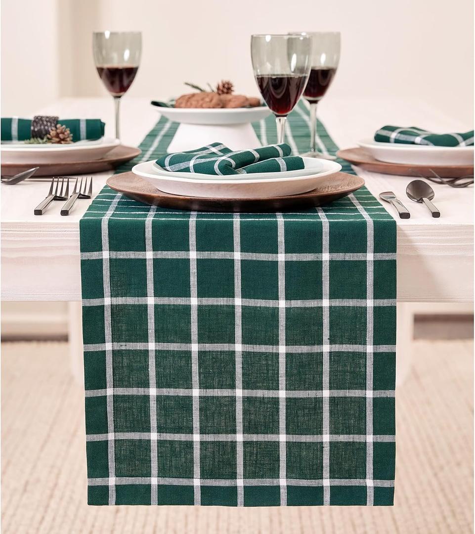 Solino Home Linen Table Runner 120 Inches Long - 100% Pure Linen Windowpane Dark Green Table Runner 14 x 120 Inch for Dining, St Patricks Day, Easter, Winter