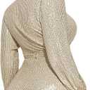 Sequin Saprkly Mini Dress Long Sleeve Homecoming V Neck Bodycon Dress Party Prom Cocktail Glitter Dress (Beige, XL)