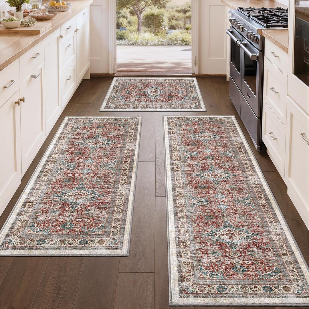 Color&Geometry Vintage Kitchen Rugs Sets of 3, Machine Washable 4mm Ultra Thin Stain Resistant Kitchen Floor Mats, Non Slip TPE Backing Runner for Sink,Hallway,Laundry,Entryway (2x3+2x5+2x7) (24"x36"+24"x60"+24"x84", Boho-terracotta)