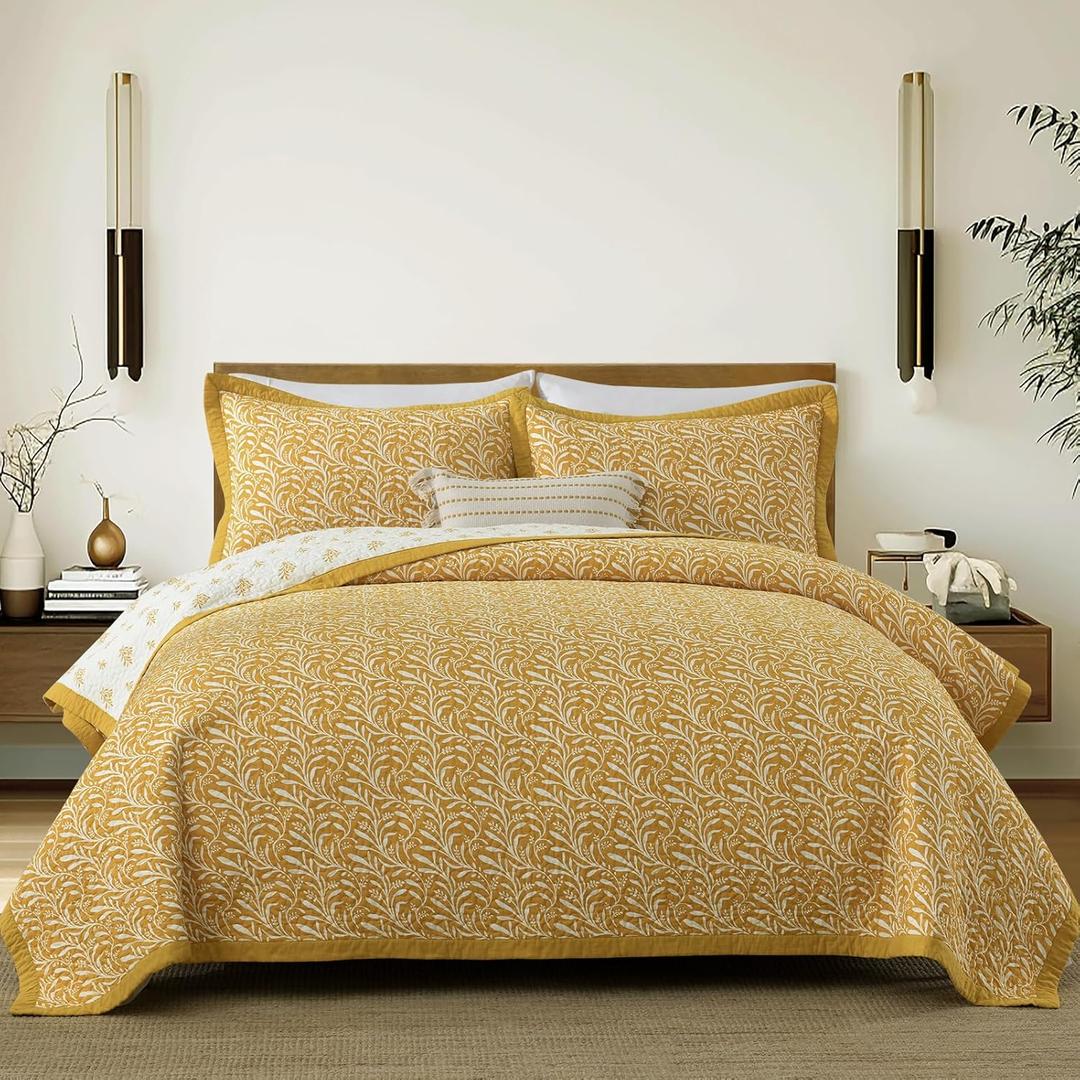 Finlonte Cotton Quilts Queen Size - 100% Cotton Queen Comforter Set, Botanical Quilt Bedding Set, Lightweight Reversible Soft Quilted Bedspread for Queen Bed, Gold/White, All Season, 3 Pcs (Queen (90"x98"))