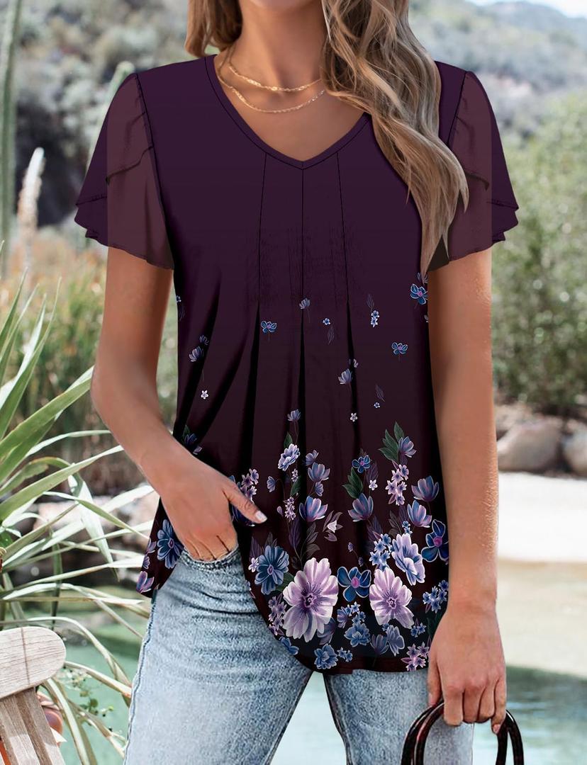 Womens Butterfly Short Sleeve Tops Casual Crew Neck Double Layer Pleated Tunic Loose Fit Tshirts Basic Summer Tops Blouses (Small, Y-purple Flower)