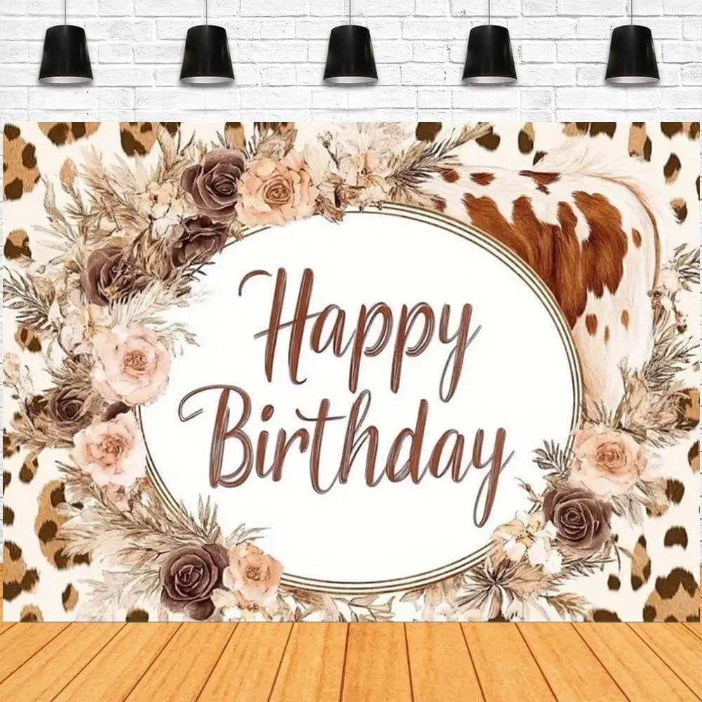 Boho Happy Birthday Backdrop Bohemian Style Highland Cow Birthday Backdrop Suitable for Wagyu Farm Livestock Party Banner Bohemian Pampas Grass Floral Party Cake Table Decorations (A, 7x5feet)