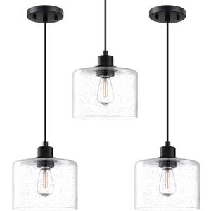 3 Pack 1 Light Modern Kitchen Island Pendant Light 7.3 Inch Clear Seeded Glass Black Finish Pendant Lamp,Farmhouse Hanging Light Fixture for Kitchen Island Dining Room Bedside