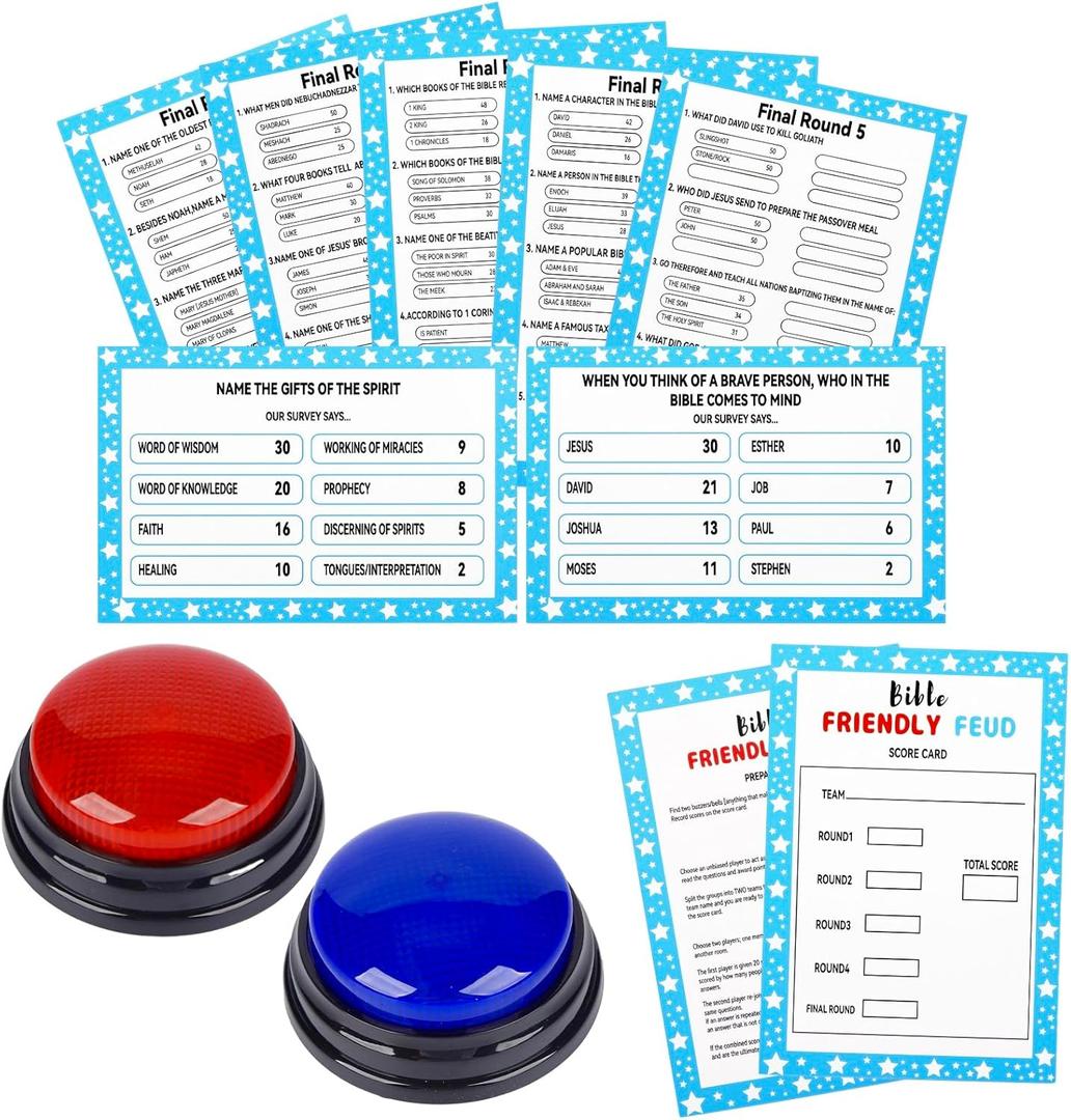 Christian Bible Friendly Feud Game with 2 Answer Buzzers, Family Feud Games Card Game Night Church Group Fun Trivia Quiz for Party Office Class Team Building