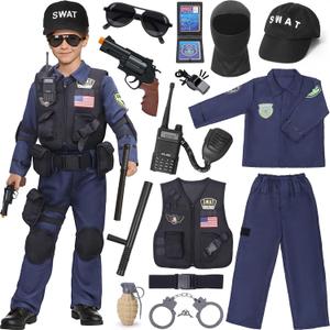 Latocos 15 PCS SWAT Police Officer Costume for Kids with Vest Accessories Cop Dress Up Role Play Set for Halloween Cosplay (S(5-7))