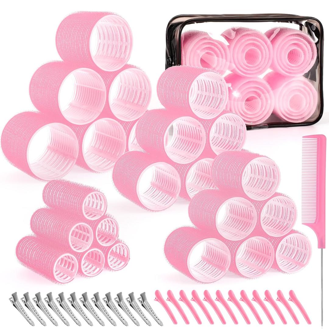 4 Sizes Self-Grip Hair Rollers Set for Long, Short Hair and Bangs - 50 Pcs with Clips (25mm, 36mm, 48mm, 60mm), Pink