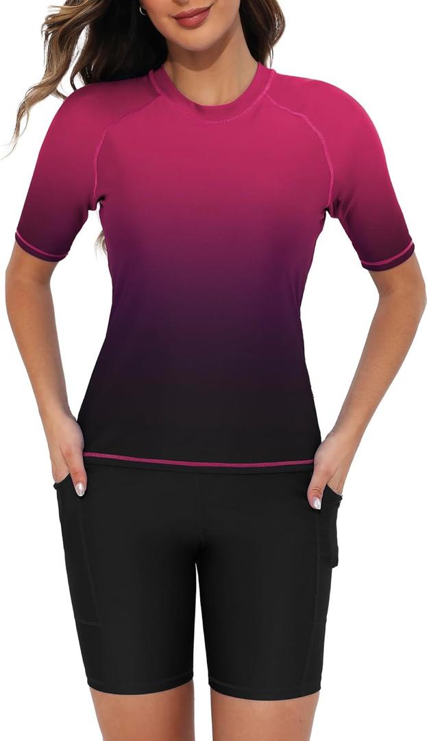 Tournesol Women's Two Piece Rash Guard Short Sleeve Swim Shirts UPF 50+ Built in Bra Swimsuit with Boyshorts with Pockets, S