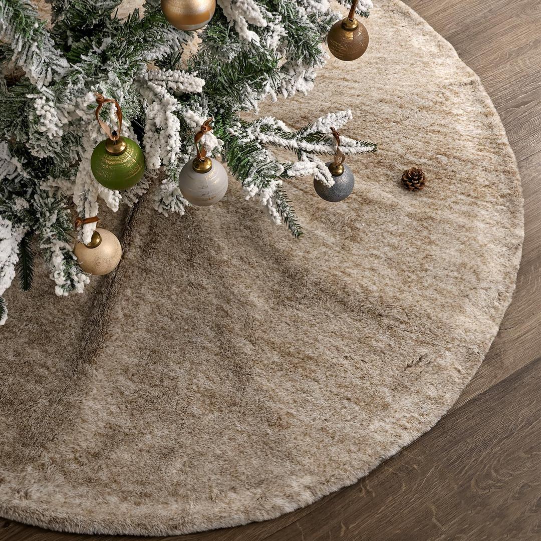 Christmas Tree Skirt: 48 Inch Light Khaki Large Christmas Tree Skirts, Neutral Vintage Short Faux Fur Velvet Soft Christmas Tree Cover Base, Holiday Tree Decoration for Xmas Home Indoor Decor