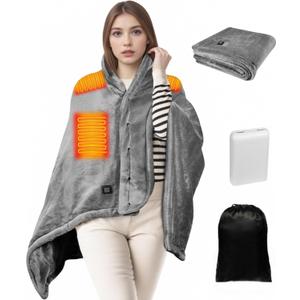Cordless Heated Blanket - Wearable Heated Blanket Battery Operated with 10000mAH Power Bank, 3 Heat Settings USB Electric Throw Shawls for Home, Office, Outdoor Travel (Grey)