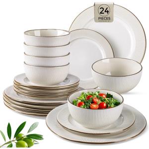 GBHOME Ceramic Dinnerware Sets, 24 pcs Embossed Elegant Stoneware Plates and Bowls Sets, Housewarming Wedding Gift | Dishwasher & Microwave Safe | Dishes Set Service for 8
