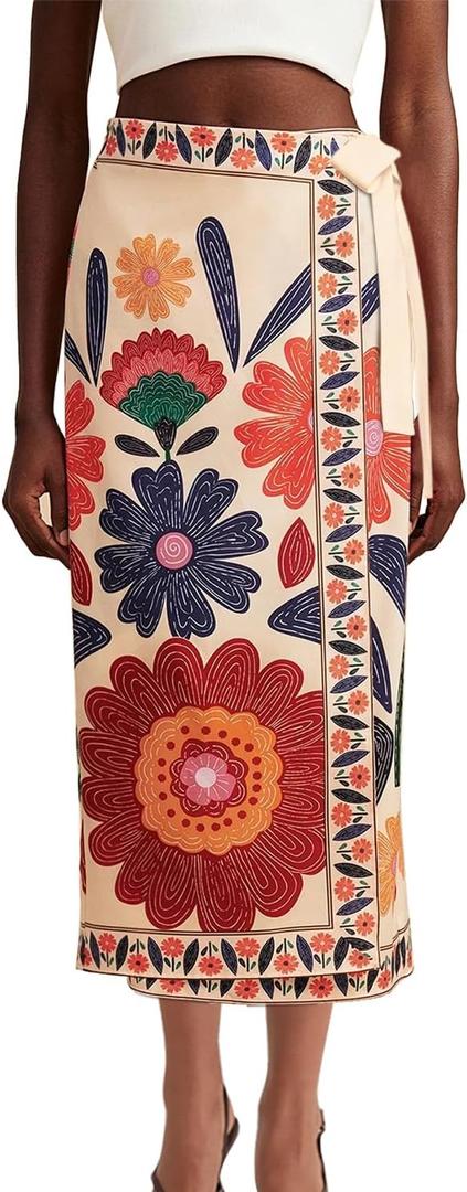 Womens Summer Wrap Midi Skirt Adjustable Ties High Waist A Line Casual Beach Boho Skirts Long Flared Floral Skirts(Red,S)