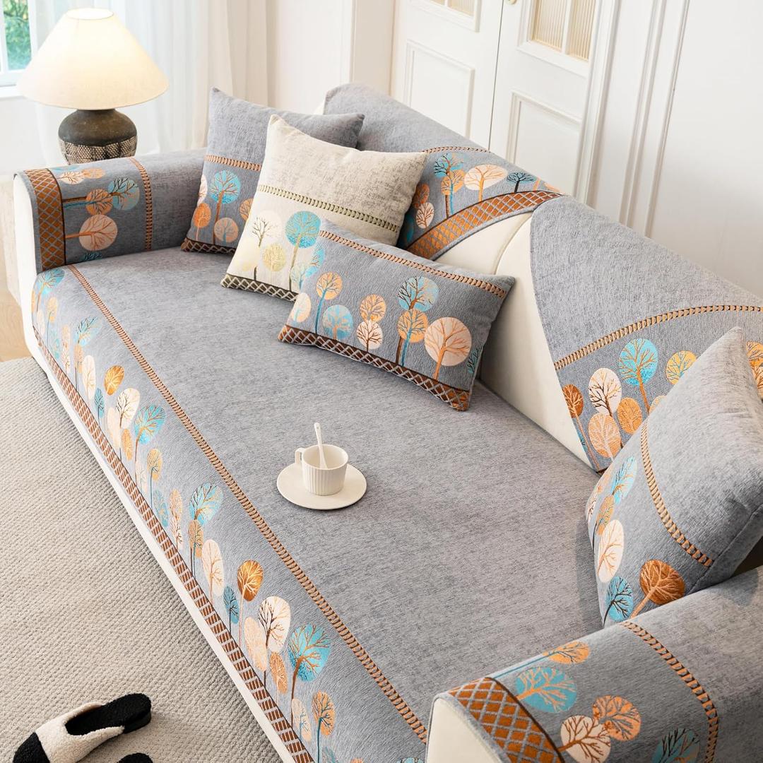 Boho Couch Cover, Non Slip Washable Sofa Covers, Chenille Couch Covers Quilted, Bohemian Sofa Slipcovers, Furniture Protector for Armrest and Backrest(Grey,36"x36",1pc)