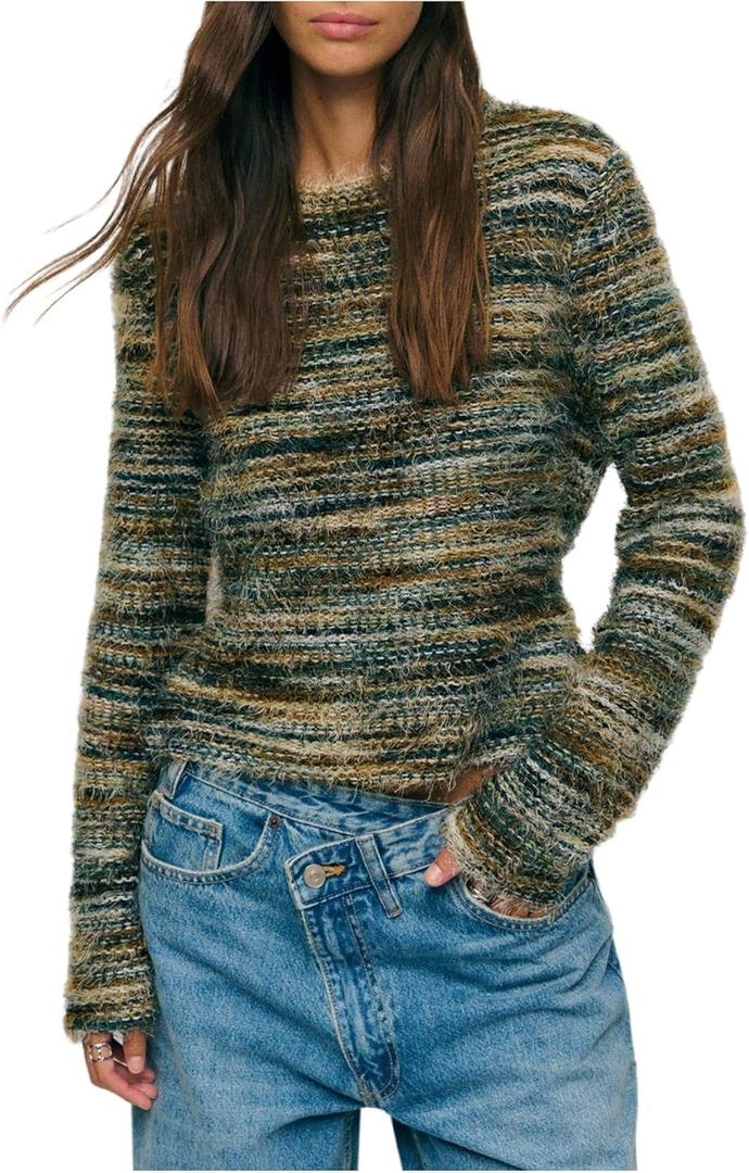 RoseSeek Women's Colorful Knit Sweater Crew Neck Long Sleeve Pullover Sweaters Fall Tops (Green, Small)