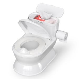 2-in-1 Toddler Potty Training Toilet - Larger Potty Chair & Detachable Training Seat for Boys & Girls Ages 1-3 with Flushing Sound, Wipes Storage, Toilet Paper Holder (White)