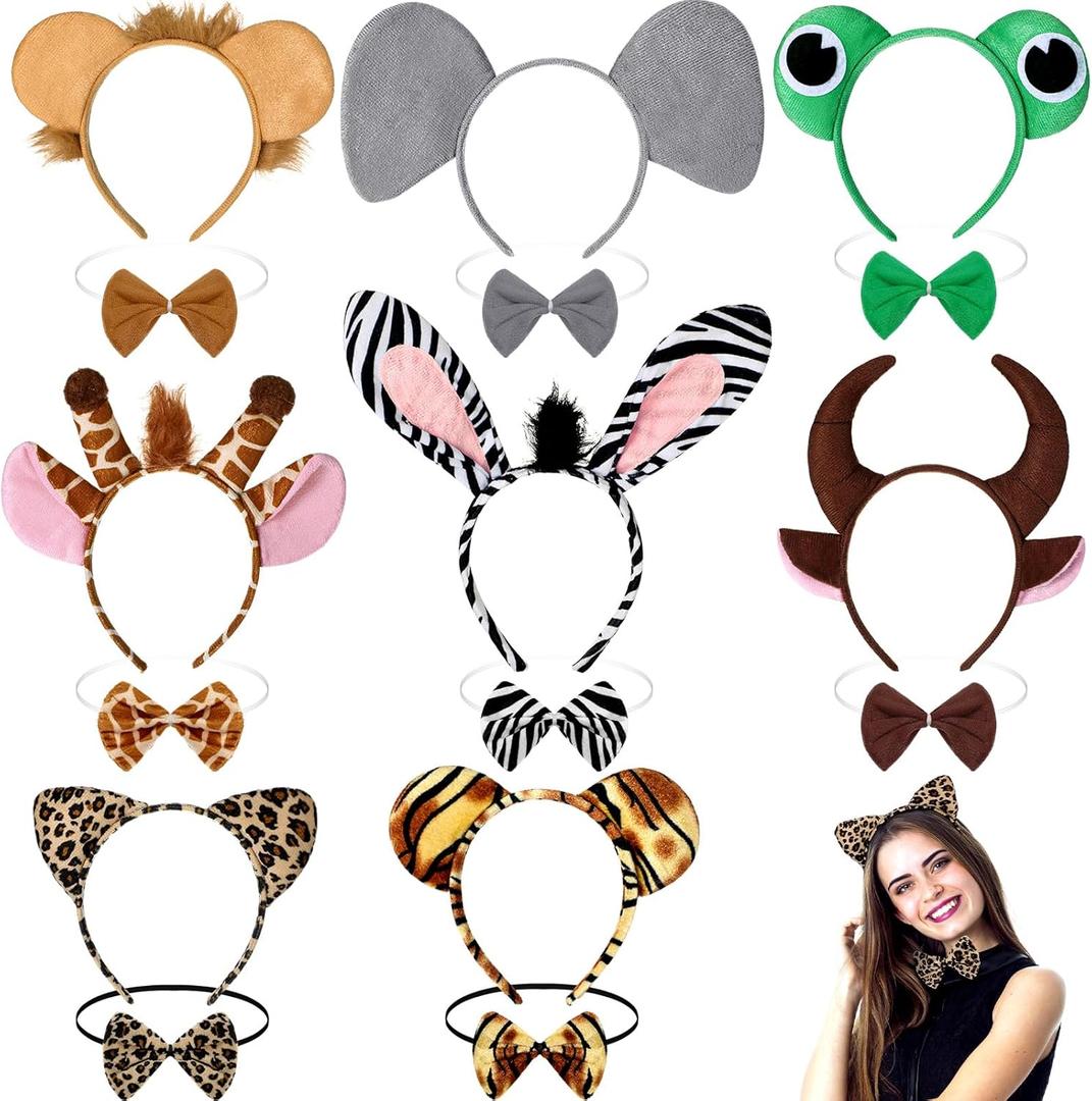 Crowye 16 Pcs Animals Cosplay Costume Including Animals Headband and Bowtie, Jungle Safari Party Favors, Forest Zoo Hairband Props for Women Men for Halloween Carnival Birthday Supplies, 8 Colors