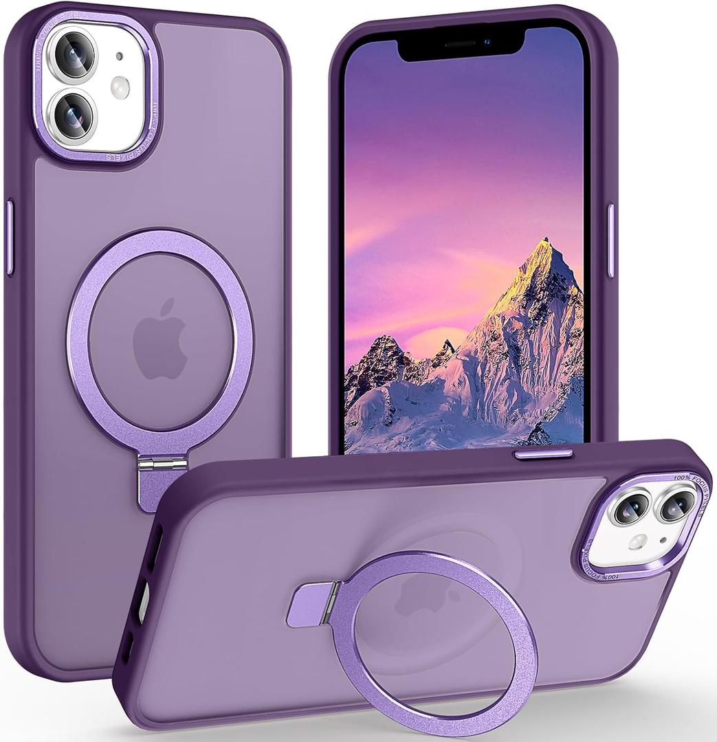 Magnetic for iPhone 11 Case with Ring Stand, [10 FT Drop Protection] [Velvety Touch] Slim Translucent Matte Back Shockproof Phone Case for iPhone 11 6.1'', Dark Purple