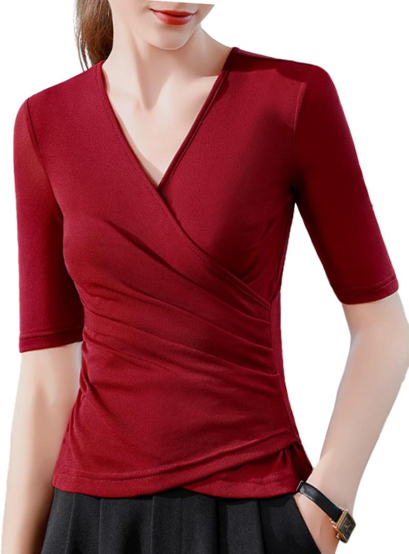 METWEY Wrap Tops for Women Summer Mesh Ruched Top Trendy 2026 Date Outfits V Neck Business Casual Work T Shirts Blouse (Medium, Wine)
