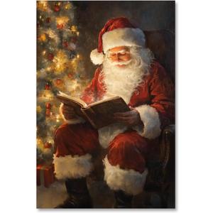 Vintage Christmas Canvas Wall Art Santa Reading Book by Xmas Tree Prints Poster Cozy Holiday Oil Painting Winter Decor Christmas Pictures Decoration for Living Room Bedroom 8x12inch Unframed (8L" x 12W", Style-3 Unframed)