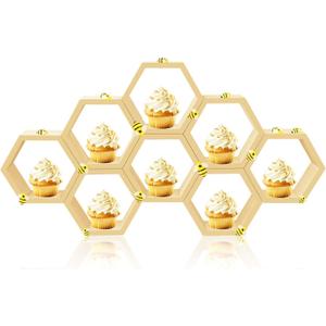 8 Pcs 4.13 Inch Honeycomb Cupcake Stand Cake Farmhouse Hexagon Display Holder Hexagonal Wood Cupcake Stand Floating Table Sign with Wooden Bee for Wedding Baby Shower Birthday Party Table Decorations (Original)