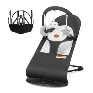 HKAI Baby Bouncer, Portable Baby Bouncer Seat for Babies 0-18 Months, 100% Cotton Fabrics, 3 Modes of use with Rocker and Stationary Options, Infant Rocker Chair with Hanging Toys-Dark Grey