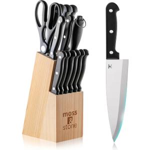 Moss & Stone 14 Pcs Knife Block Set Stainless Steel, Premium Forged Kitchen Knives Set with High-Carbon Blades, Ergonomic Handle, Sharp Blade, Rust Resistant, Modern Style for Home & Chef, Black