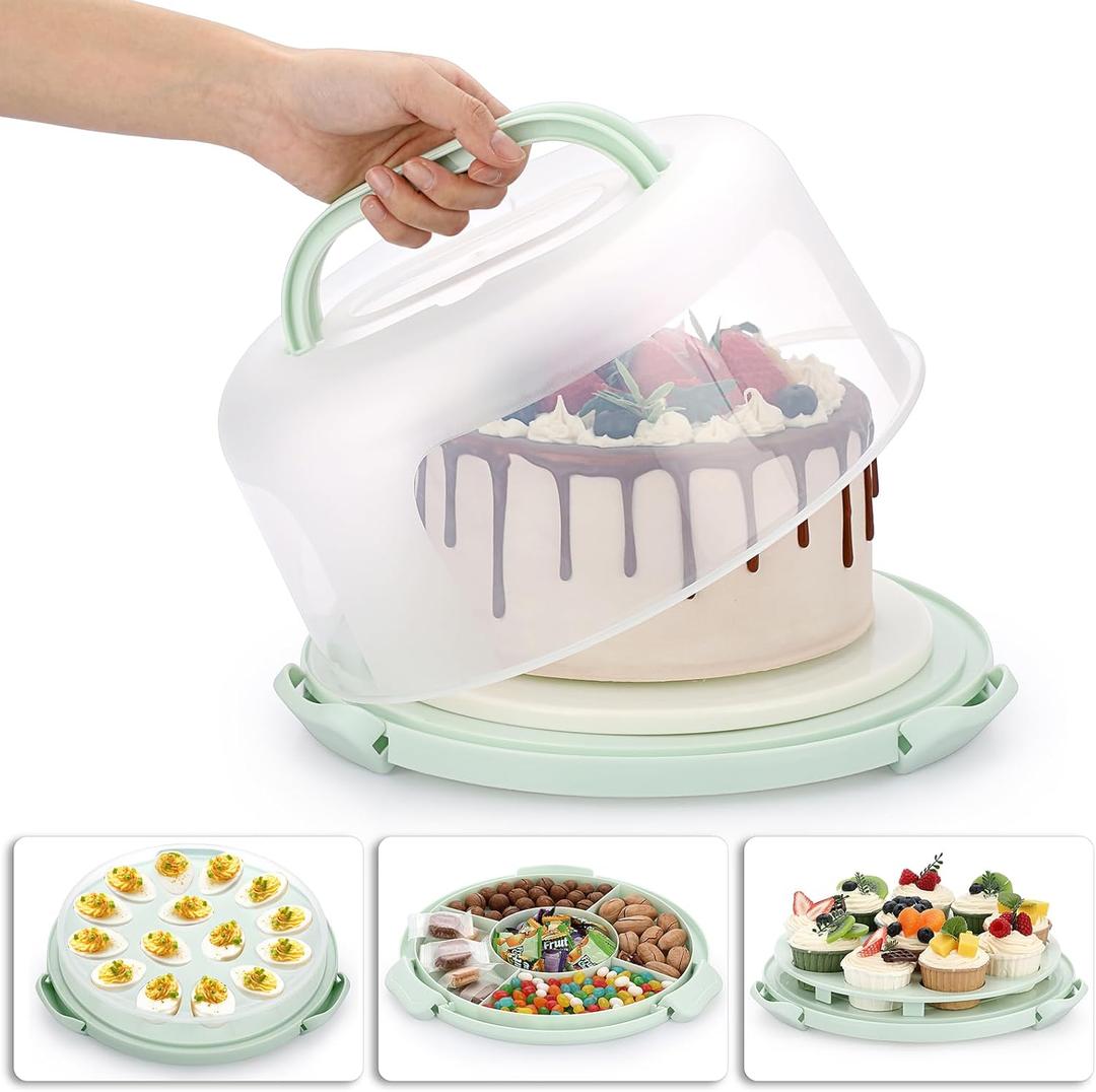 BSTKEY Portable Cake Carrier with Lid and Handle, Devil Egg Container + Cupcake Storage Tray for Transport, 10 Round Cake Container Holder with Two Sided Base for Pies Cookies Nuts Fruit, Green