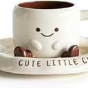 Cute Kawaii 3D Ceramic Mug with Saucer -Smiley Face Coffee & Tea Cup- Fun Aesthetic Gift for Women, Friends & Coffee Lovers - Microwave & Dishwasher Safe