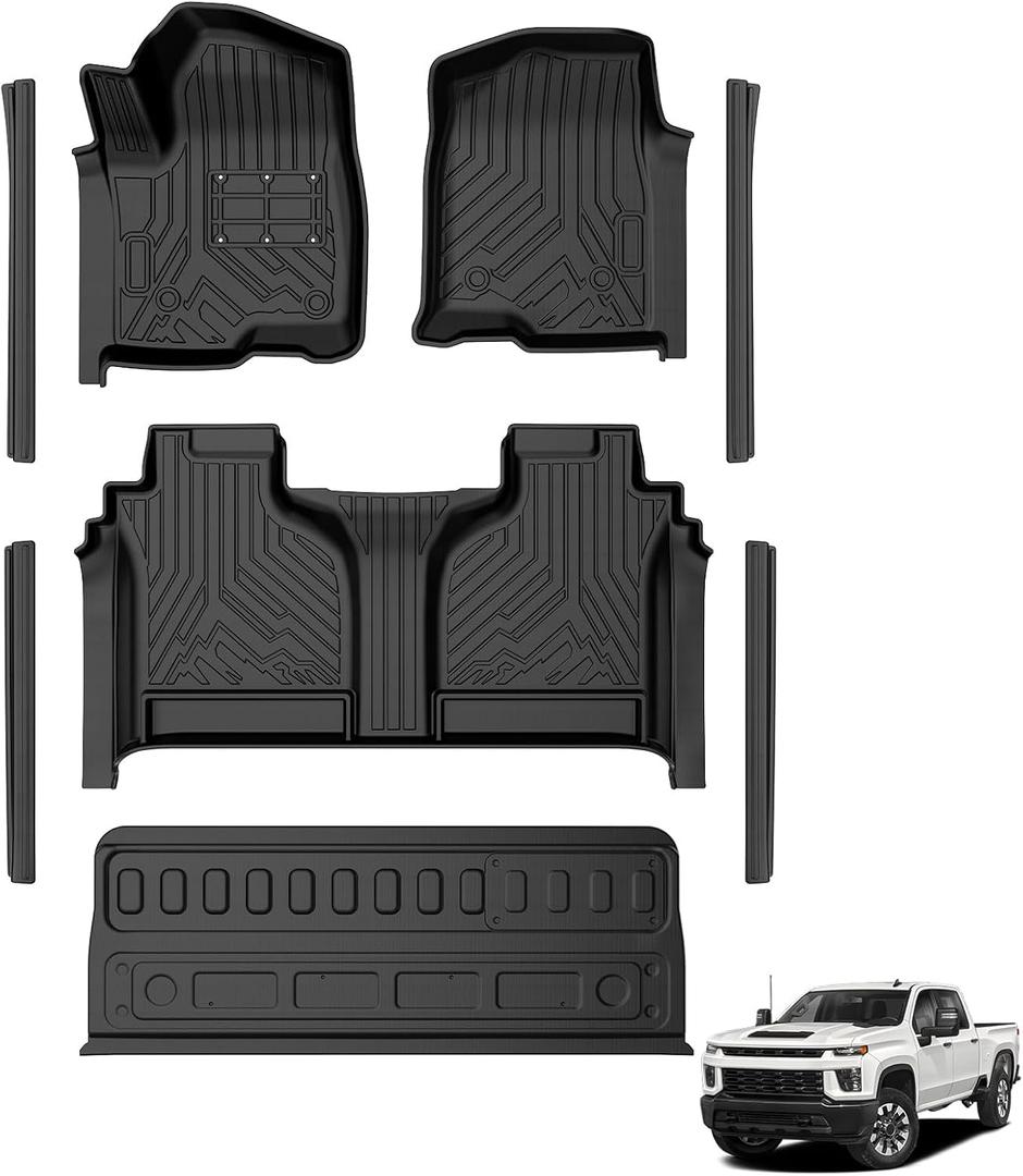 T TGBROS Floor Mats for 2019-2026 Chevy Silverado GMC Sierra 1500 2500HD 3500HD Crew Cab with Tailgate Mat Anti Slip Driver Pad Door Sill Protector TPE Floor Liner Set 8PCS