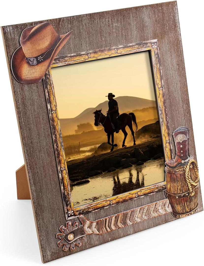 OKSQW 8 x 10 Rustic Wood Picture Frame with Cowboy Design, Solid Wooden Photo Frame with High Definition Glass, Cool Handicrafts Tabletop or Wall Mounting Great for Display for Farmhouse Home Decor
